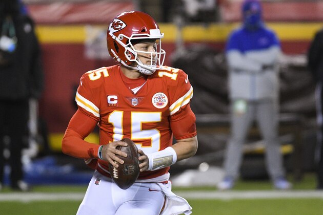 Kansas City Chiefs quarterback Patrick Mahomes during the first half of the NFL AFC championship football game against the Buffalo Bills, Sunday, Jan. 24, 2021, in Kansas City, Mo. (AP Photo/Reed Hoffmann)