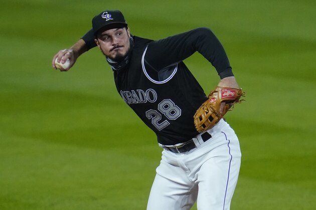 Colorado Rockies third baseman Nolan Arenado (28) in the seventh inning of a baseball game Saturday, Sept. 19, 2020, in Denver. (AP Photo/David Zalubowski)