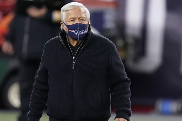 New England Patriots owner Robert Kraft walks on the field before an NFL football game against the Buffalo Bills, Monday, Dec. 28, 2020, in Foxborough, Mass. (AP Photo/Charles Krupa)