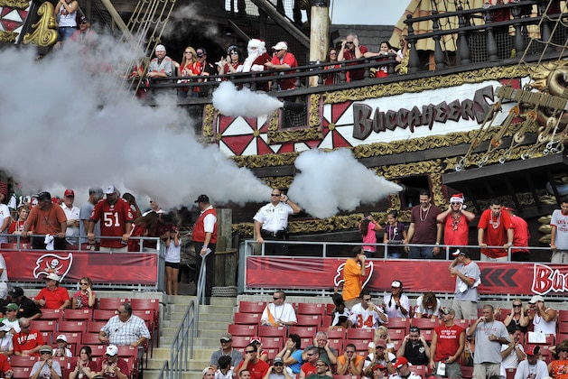 Fans cover their ears as cannons fire from the pirate ship at Raymond James Stadium during a NFL football game between the Tampa Bay Buccaneers and the New York Jets Sunday, Dec. 13, 2009 in Tampa, Fla. (AP Photo/Steve Nesius)