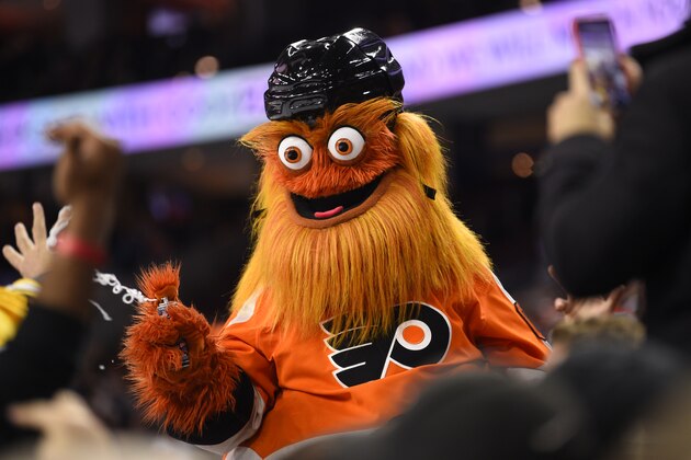 The Philadelphia Flyers' mascot, Gritty performs during an NHL hockey game against the Boston Bruins, Monday, Jan. 13, 2020, in Philadelphia. (AP Photo/Derik Hamilton)
