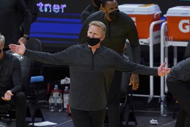 Golden State Warriors coach Steve Kerr reacts during the second half of the team's NBA basketball game against the Detroit Pistons in San Francisco, Saturday, Jan. 30, 2021. (AP Photo/Jeff Chiu)