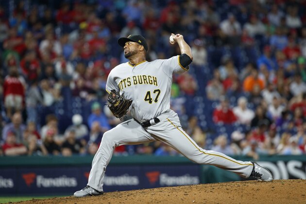 Pittsburgh Pirates' Francisco Liriano in action during a baseball game against the Philadelphia Phillies, Tuesday, Aug. 27, 2019, in Philadelphia. (AP Photo/Matt Slocum)