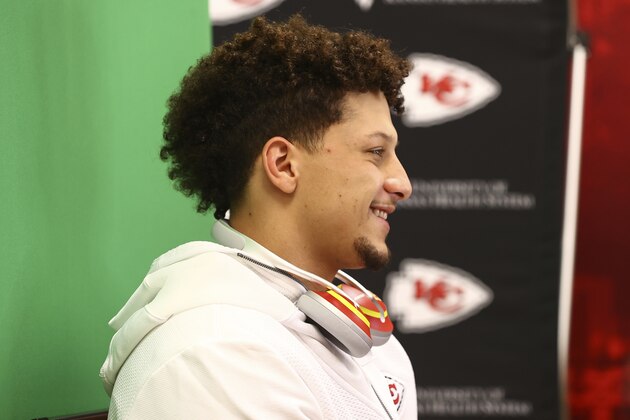 Kansas City Chiefs quarterback Patrick Mahomes (15) during Super Bowl media night, Monday, Feb. 1, 2021, in Tampa, Fla. The Chiefs will face the Tampa Bay Buccaneers in Super Bowl 55. (Steve Sanders/Kansas City Chiefs via AP)