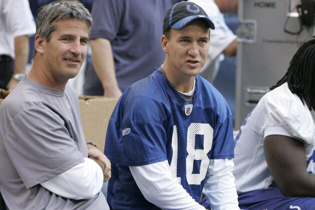 Indianapolis Colts quarterback Peyton Manning, right, talks with former Buffalo Bills quarterback Frank Reich as the football team practiced for the first time in the new Lucas Oil Stadium in Indianapolis, Tuesday, Aug. 19, 2008. This was the first appearance of Manning with the team since have surgery on his left knee on July 14. (AP Photo/Michael Conroy)