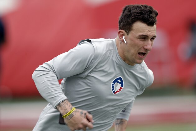 Memphis Express quarterback Johnny Manziel is seen before an AAF football game against the Birmingham Iron, Sunday, March 24, 2019, at Liberty Bowl Memorial Stadium in Memphis, Tenn. (AP Photo/Wade Payne)