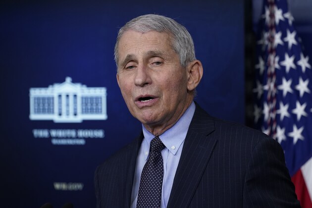 In this Jan. 21, 2021, photo, Dr. Anthony Fauci, director of the National Institute of Allergy and Infectious Diseases, speaks with reporters in the James Brady Press Briefing Room at the White House in Washington. President Joe Biden is dispatching the nationâ€™s top scientists and public health experts to regularly brief the American public about the pandemic. Beginning Jan. 27, the experts will host briefings three times a week on the state of the outbreak and efforts to control it.  (AP Photo/Alex Brandon)