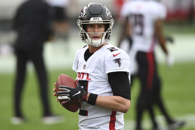 Atlanta Falcons quarterback Matt Ryan (2) before an NFL football game against the Tampa Bay Buccaneers Sunday, Jan. 3, 2021, in Tampa, Fla. (AP Photo/Jason Behnken)