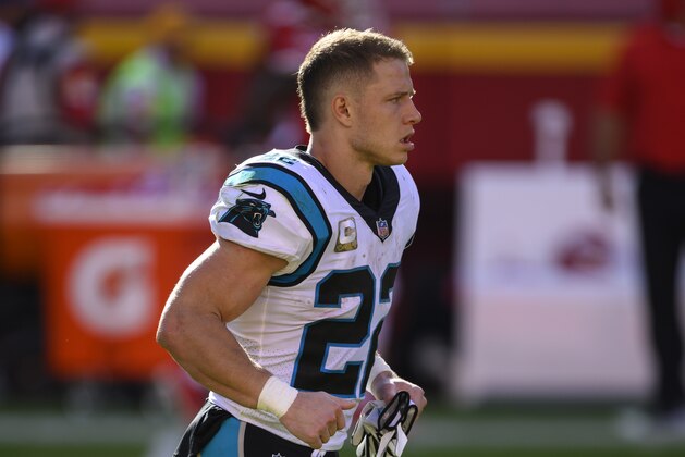 Carolina Panthers running back Christian McCaffrey (22) returns to the field for the second half of an NFL football game against the Kansas City Chiefs, Sunday, Nov. 8, 2020, in Kansas City, Mo. (AP Photo/Reed Hoffmann)