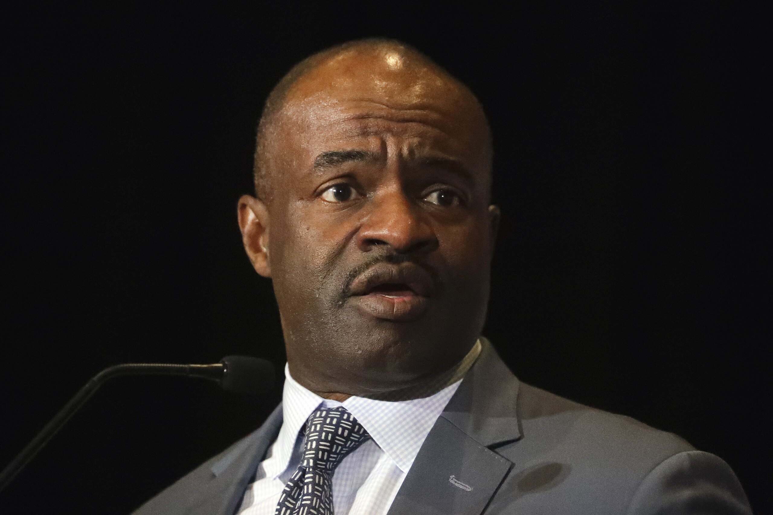 FILE - In this Jan. 20, 2020, file photo, NFL Players Association executive director DeMaurice Smith speaks at the annual state of the union news conference in Miami Beach, Fla. The deadline for applying franchise and transition tags to free agents has been moved from Thursday to Monday by the league and players' union. With the NFL Players Association's members still voting on a new labor agreement the owners already have approved — that deadline was extended by two days to 11:59 p.m. EDT on Saturday — leaving the last time to use the tags at Thursday made little sense.   (AP Photo/Chris Carlson, File)
