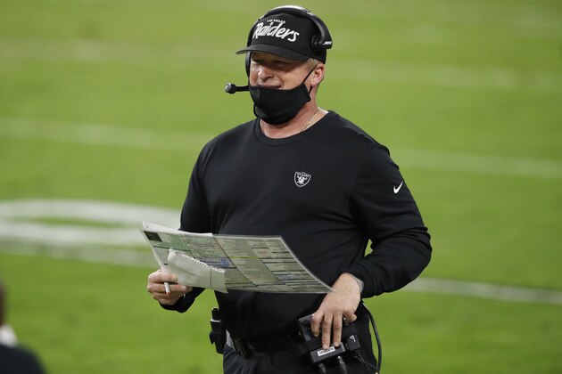 Las Vegas Raiders head coach Jon Gruden stands on the sidelines during the second half of an NFL football game against the Miami Dolphins, Saturday, Dec. 26, 2020, in Las Vegas. (AP Photo/Steve Marcus)
