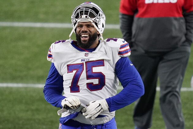 Buffalo Bills tackle Daryl Williams leaves the field after an NFL football game against the New England Patriots, Monday, Dec. 28, 2020, in Foxborough, Mass. (AP Photo/Charles Krupa)
