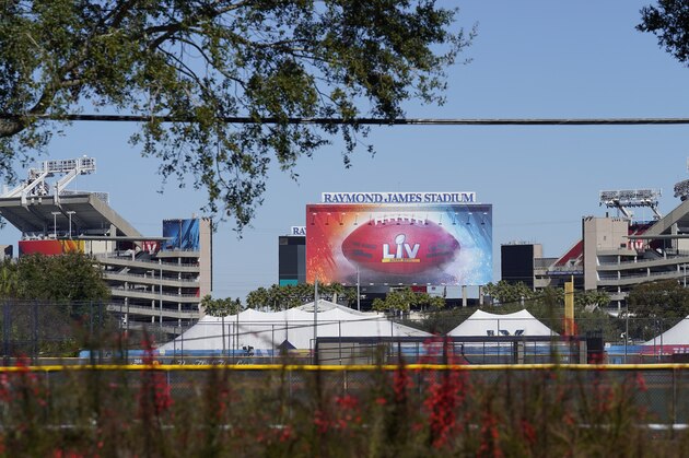 Raymond James Stadium, the site of NFL football Super Bowl LV, is shown Thursday, Jan. 28, 2021, in Tampa, Fla. The Tampa Bay Buccaneers play the Kansas City Chiefs on Feb. 7. (AP Photo/Chris O'Meara)