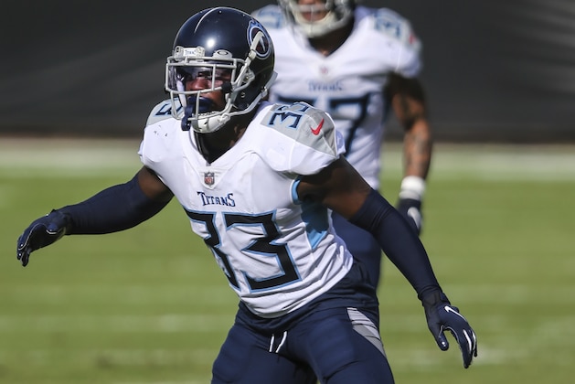Tennessee Titans cornerback Desmond King II (33) during the first half of an NFL football game against the Jacksonville Jaguars, Sunday, Dec. 13, 2020, in Jacksonville, Fla. (AP Photo/Gary McCullough)