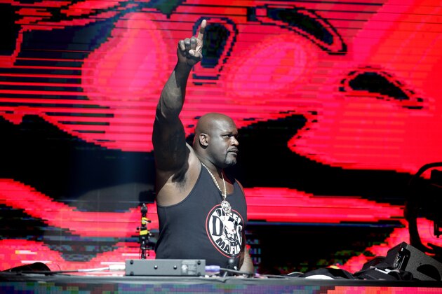 Former NBA basketball player Shaquille O' Neal DJ's at Shaq's Fun House, Saturday, Feb. 1, 2020, in Miami. This carnival themed music festival is one of numerous events taking place in advance of Miami hosting Super Bowl LIV on Feb. 2. (AP Photo/Lynne Sladky)