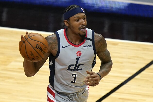 Washington Wizards guard Bradley Beal (3) in action during the first half of an NBA basketball game against the Miami Heat, Wednesday, Feb. 3, 2021, in Miami. (AP Photo/Lynne Sladky)