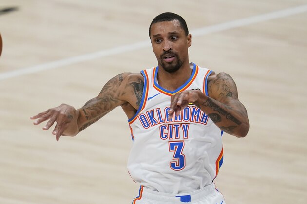 Oklahoma City Thunder guard George Hill (3) during an NBA basketball game against the Chicago Bulls, Friday, Jan. 15, 2021, in Oklahoma City. (AP Photo/Sue Ogrocki)