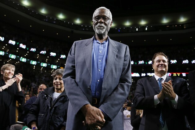 Boston Celtics legend Bill Russell stands court side during a tribute in his honor in the second quarter of an NBA basketball game against the Milwaukee Bucks in Boston, Friday, Nov. 1, 2013. (AP Photo/Michael Dwyer)