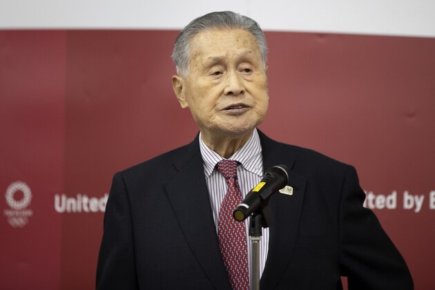 Tokyo Olympic and Paralympic Games Organising Committee (TOGOC) President Yoshiro Mori speaks to the media after a video conference with IOC President Thomas Bach at the TOGOC headquarters in Tokyo Thursday, Jan. 28, 2021. The IOC and organizers in Japan repeatedly insisted on Wednesday there is no Plan B for the Tokyo Games, which were already postponed by one year during the coronavirus pandemic. (Takashi Aoyama/Pool Photo via AP)