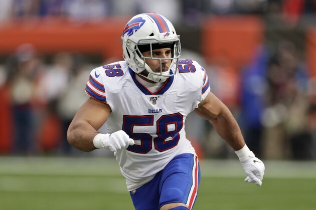 Buffalo Bills outside linebacker Matt Milano runs a route during the first half of an NFL football game against the Cleveland Browns, Sunday, Nov. 10, 2019, in Cleveland. (AP Photo/Ron Schwane)