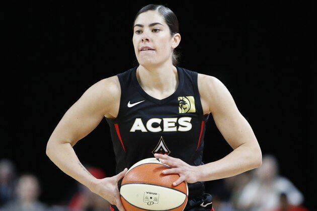 Las Vegas Aces' Kelsey Plum plays against the Washington Mystics during the first half of Game 3 of a WNBA playoff basketball series Sunday, Sept. 22, 2019, in Las Vegas. (AP Photo/John Locher)