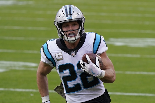 Carolina Panthers running back Christian McCaffrey runs with the ball during an NFL football game against the Kansas City Chiefs Sunday, Nov. 8, 2020, in Kansas City, Mo. (AP Photo/Jeff Roberson)