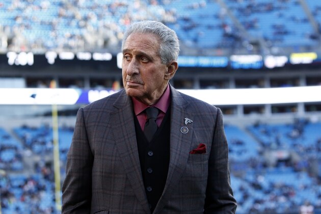 Atlanta Falcons owner Arthur Blank is seen during the second half of an NFL football game against the Carolina Panthers in Charlotte, N.C., Sunday, Nov. 17, 2019. (AP Photo/Brian Blanco)