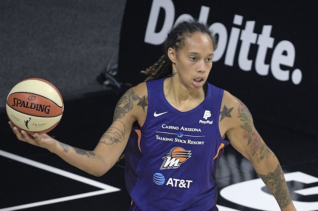 Phoenix Mercury center Brittney Griner grabs a rebound during the second half of a WNBA basketball game against the Los Angeles Sparks, Saturday, July 25, 2020, in Bradenton, Fla. (AP Photo/Phelan M. Ebenhack)