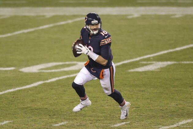 Chicago Bears quarterback Mitchell Trubisky (10) looks to pass the ball against the Green Bay Packers during the second half of an NFL football game, Sunday, Jan. 3, 2021, in Chicago. (AP Photo/Kamil Krzaczynski)