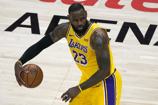 Los Angeles Lakers forward LeBron James (23) is shown against the Atlanta Hawks in the second half of an NBA basketball game Monday, Feb. 1, 2021, in Atlanta. (AP Photo/John Bazemore)
