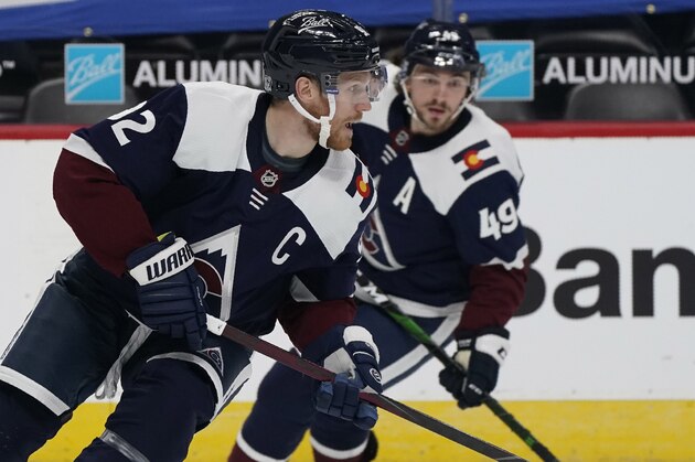 Colorado Avalanche left wing Gabriel Landeskog (92) in the second period of an NHL hockey game Tuesday, Feb. 2, 2021, in Denver. (AP Photo/David Zalubowski)
