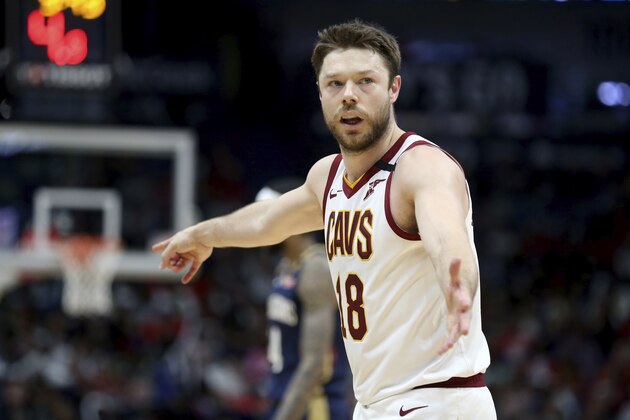 Cleveland Cavaliers guard Matthew Dellavedova (18) questions a call during the second half of an NBA basketball game against the New Orleans Pelicans in New Orleans, Friday, Feb. 28, 2020. (AP Photo/Rusty Costanza)