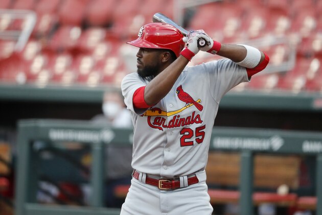 St. Louis Cardinals' Dexter Fowler bats during an intrasquad practice baseball game at Busch Stadium Thursday, July 9, 2020, in St. Louis. (AP Photo/Jeff Roberson)