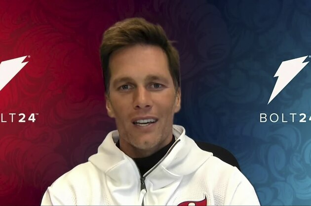 In this still image from video provided by the NFL, Tampa Bay Buccaneers quarterback Tom Brady speaks during Opening Night for the NFL Super Bowl 55 football game Monday, Feb. 1, 2021. (NFL via AP)