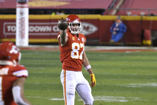 Kansas City Chiefs tight end Travis Kelce celebrates after catching a pass for a first down during the first half of the AFC championship NFL football game against the Buffalo Bills, Sunday, Jan. 24, 2021, in Kansas City, Mo. (AP Photo/Reed Hoffmann)
