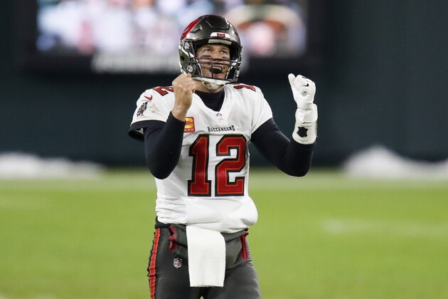 Tampa Bay Buccaneers quarterback Tom Brady reacts after winning the NFC championship NFL football game against the Green Bay Packers in Green Bay, Wis., Sunday, Jan. 24, 2021. The Buccaneers defeated the Packers 31-26 to advance to the Super Bowl. (AP Photo/Matt Ludtke)