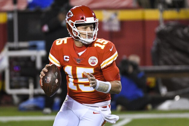 Kansas City Chiefs quarterback Patrick Mahomes during the first half of the NFL AFC championship football game against the Buffalo Bills, Sunday, Jan. 24, 2021, in Kansas City, Mo. (AP Photo/Reed Hoffmann)