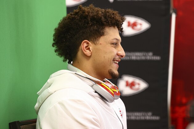 Kansas City Chiefs quarterback Patrick Mahomes (15) Super Bowl media night, Monday, Feb. 1, 2021, in Tampa, Fla. The Chiefs will face the Tampa Bay Buccaneers in Super Bowl 55. (Steve Sanders/Kansas City Chiefs via AP)