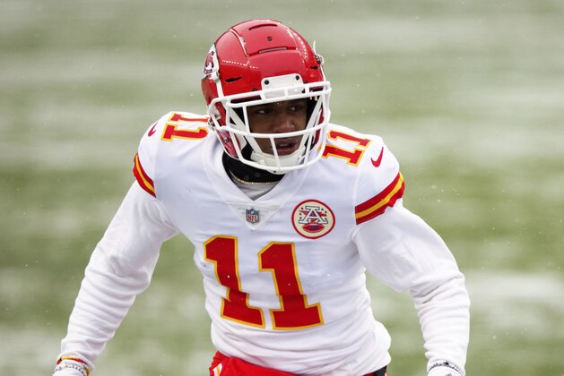 Kansas City Chiefs wide receiver Demarcus Robinson (11) runs a route during the first half of an NFL football game against the Denver Broncos, Sunday, Oct.. 25, 2020, in Denver. (AP Photo/Justin Edmonds)