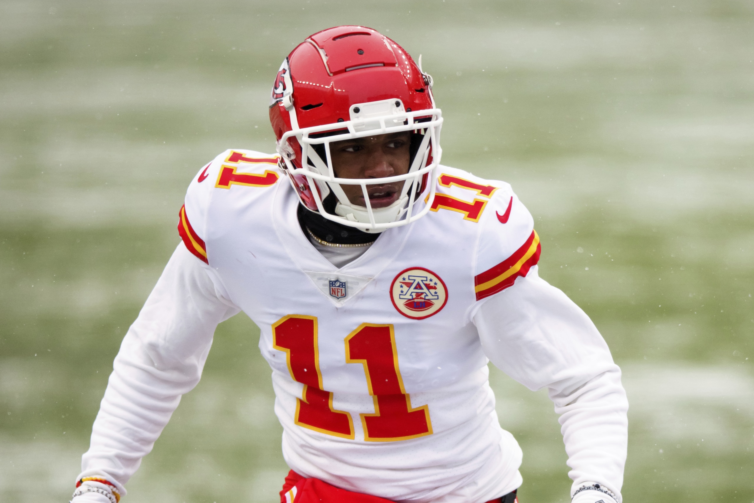 Kansas City Chiefs wide receiver Demarcus Robinson (11) runs a route during the first half of an NFL football game against the Denver Broncos, Sunday, Oct.. 25, 2020, in Denver. (AP Photo/Justin Edmonds)