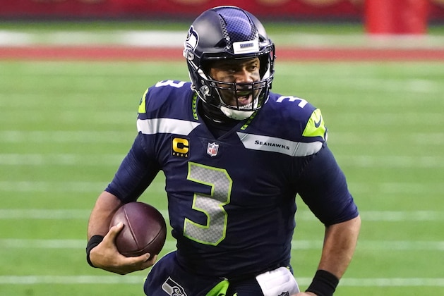 Seattle Seahawks quarterback Russell Wilson (3) during an NFL football game against the San Francisco 49ers, Sunday, Jan. 3, 2021, in Glendale, Ariz. (AP Photo/Rick Scuteri)