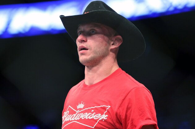 In this Jan. 18, 2015 photo Donald 'Cowboy' Cerrone is seen after a fight at UFC Fight Night in Boston. Cerrone is set for the fight of his MMA career when he takes on Conor McGregor in the main event of UFC 246 in January in Las Vegas. Cerrone is UFC’s record-holder for most victories and finishes. But he’s never won a UFC championship and never fought in a fight with this much hype. (AP Photo/Gregory Payan)