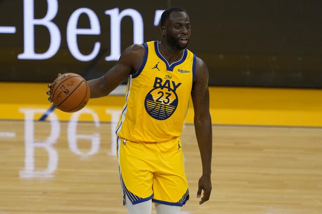 Golden State Warriors forward Draymond Green (23) against the Detroit Pistons during an NBA basketball game in San Francisco, Saturday, Jan. 30, 2021. (AP Photo/Jeff Chiu)