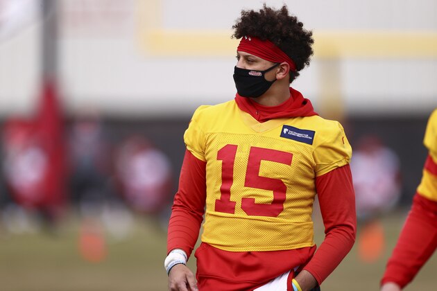 Kansas City Chiefs Quarterback Patrick Mahomes (15) during NFL football practice Friday, Feb. 5, 2021, in Kansas City, Mo. The Chiefs will face the Tampa Bay Buccaneers in Super Bowl 55. (Steve Sanders/Kansas City Chiefs via AP)