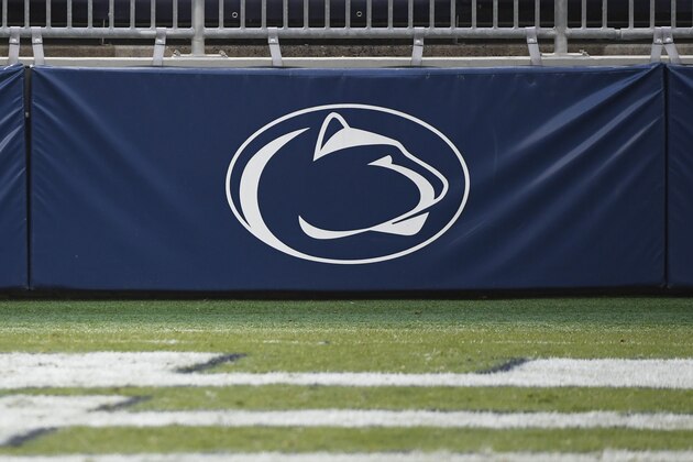 A Penn State Nittany Lion logo decorates a wall in the end zone of an NCAA college football game between Penn State and Iowa in State College, Pa., on Saturday, Nov. 21, 2020. (AP Photo/Barry Reeger)
