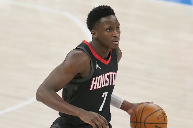 Houston Rockets guard Victor Oladipo (7) during an NBA basketball game against the Oklahoma City Thunder, Wednesday, Feb. 3, 2021, in Oklahoma City. (AP Photo/Sue Ogrocki)