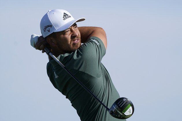 Xander Schauffele hits from the second tee on the South Course during the final round of the Farmers Insurance Open golf tournament at Torrey Pines, Sunday, Jan. 31, 2021, in San Diego. (AP Photo/Gregory Bull)