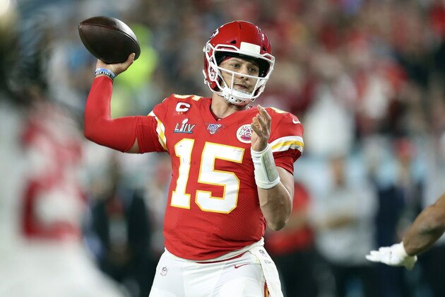 FILE- In this Feb. 2, 2020, file photo, Kansas City Chiefs quarterback Patrick Mahomes (15) throws a pass during Super Bowl 54 against the San Francisco 49ers in Miami Gardens, Fla. The Super Bowl MVP is joining the ownership group of the Kansas City Royals.(AP Photo/Doug Benc, File)
