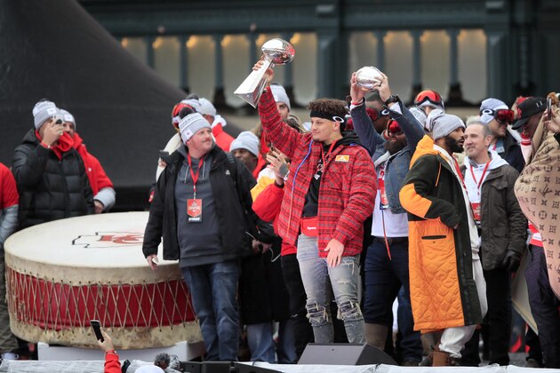 Kansas City Chiefs quarterback Patrick Mahomes holds the Super Bowl trophy during a rally in Kansas City, Mo., Wednesday, Feb. 5, 2020. (AP Photo/Orlin Wagner) Kansas City Chiefs quarterback Patrick Mahomes holds the Super Bowl trophy during a rally in Kansas City, Mo., Wednesday, Feb. 5, 2020. (AP Photo/Orlin Wagner)