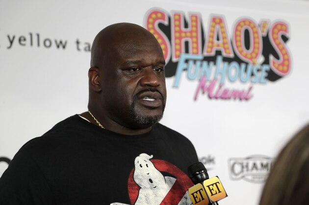 Former NBA player Shaquille O' Neal is interviewed on the red carpet for Shaq's Fun House, Friday, Jan. 31, 2020, in Miami. This carnival themed music festival is one of numerous events taking place in advance of Miami hosting Super Bowl LIV on Feb. 2. (AP Photo/Lynne Sladky)